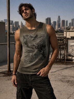 Replay Sleeveless Tank Faded Olive Grey Camo Print Size Small